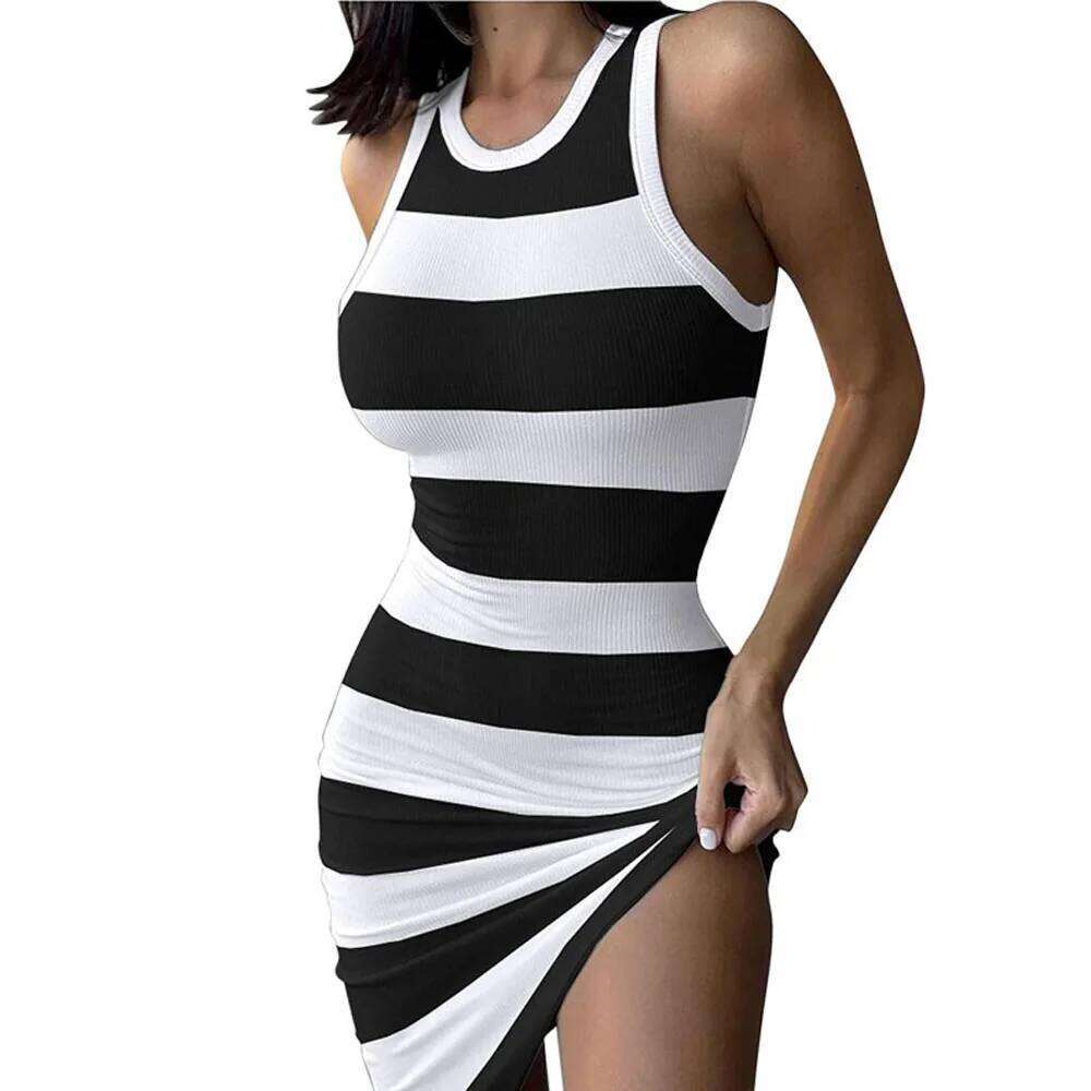Summer Sundress Casual Women O-Neck Sleeveless Striped Print Boydcon Dress Slim A-Line Mini Stretch Vestidos YML-B9022