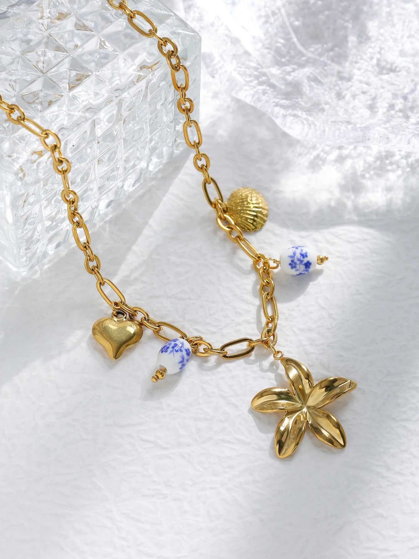 Flower Blue and White Porcelain Shell Heart Pendant Stainless Steel Necklace Women DIY Creative Design Necklace Jewelry Gift Z250614