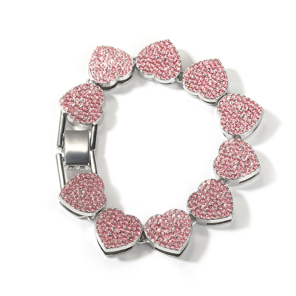 Fashionable and versatile pink diamond alloy bracelet simple geometric heart bracelet womens new cool trendy hip-hop bracelet Bling Hip Hop Rapper Jew