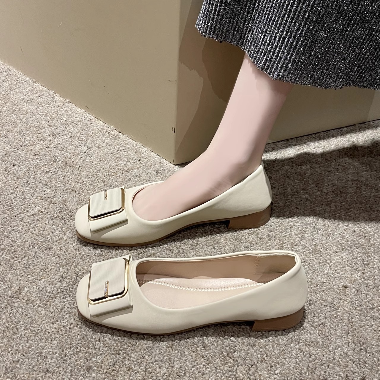 Ddmysports Spring New Fashion Square Toe Shallow Mouth Soft Sole Leather Flat Chunky Heel Work Women S Single Shoes Outdoor Shoes