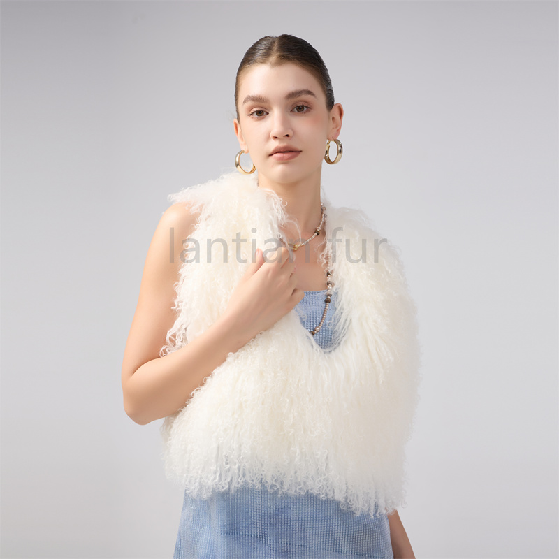 New Fluffy Real Mongolian Fur Halter Cropped Top For Women Sexy Backless Sleeveless Tank Vest Female Chic Street Club Party Chic Tops