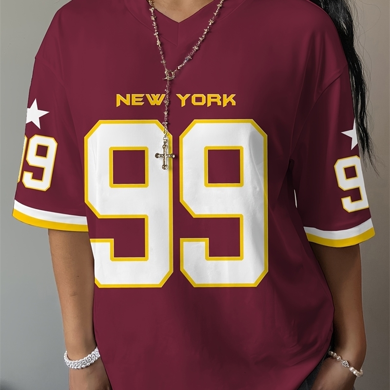 Summer Women Red Number Placed Pattern Loose Quick Drying Sports and Leisure Tshirt Comfortable w250520