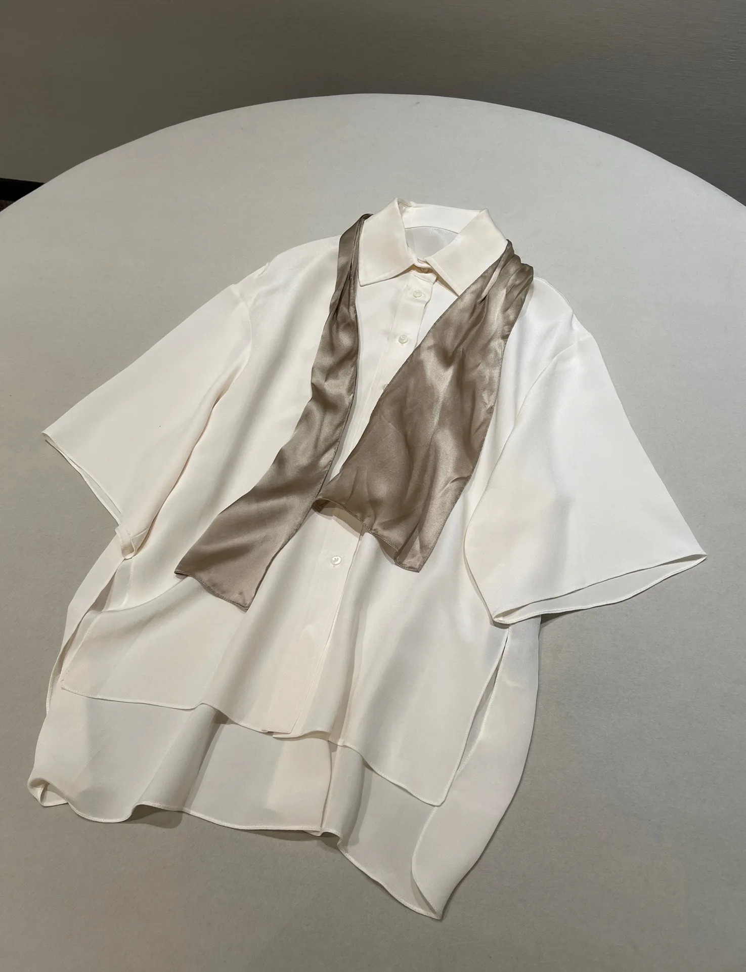 Womens Silk Blouse Short Sleeve Lightweight Skin Friendly Bubble Sleeve Contrast Color Ribbon Elegant Fashion Simple Sweet 250609