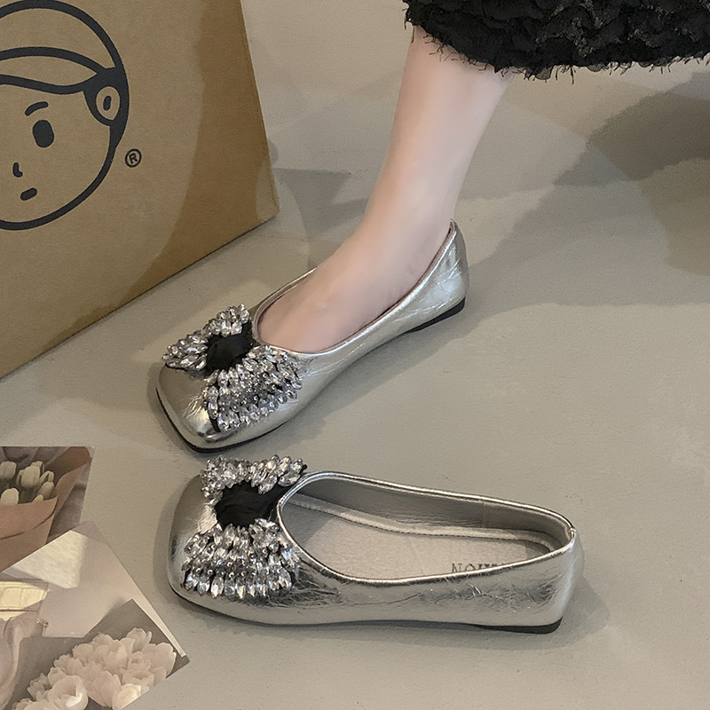 Ddmyoutdoor Spring Summer New Shallow Fairy Single With Rhinestones Gentle Evening Style To Match Dresses Square Toe Flat Shoes For Women Outdoor Shoe