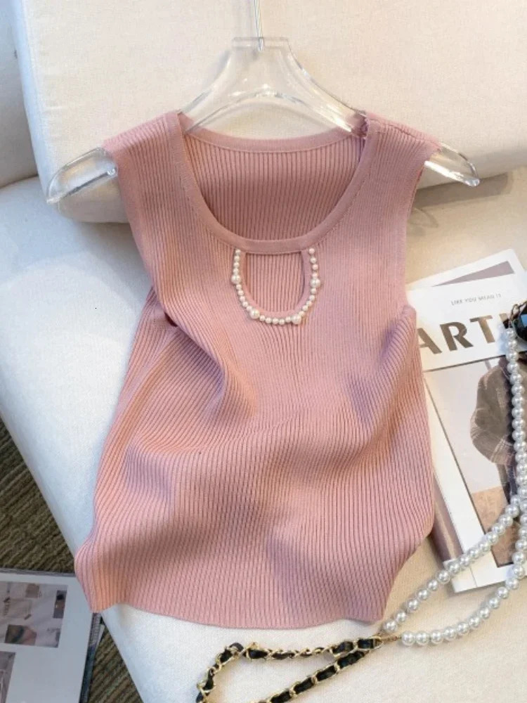 Korea Knitted Vests Women Top Solid Tank Blusas Summer Fashion Female Sleeveless Beading Hollow Out Casual Thin Tops 250614