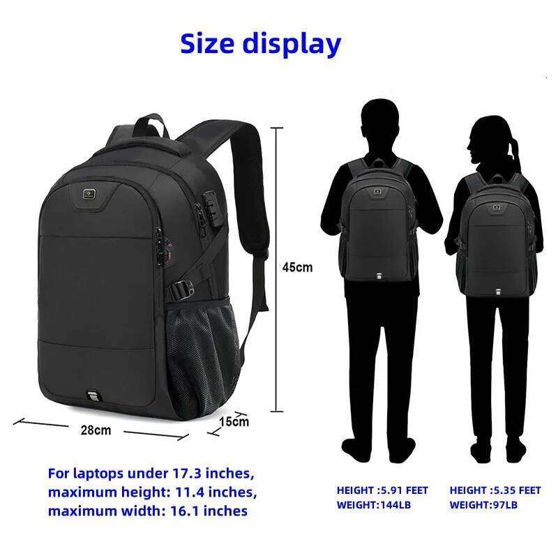 Backpack For Men Women, Fashionable Black, Large Capacity, Anti-Theft, Waterproof, And Durable Laptop Bag, USB Charging Port