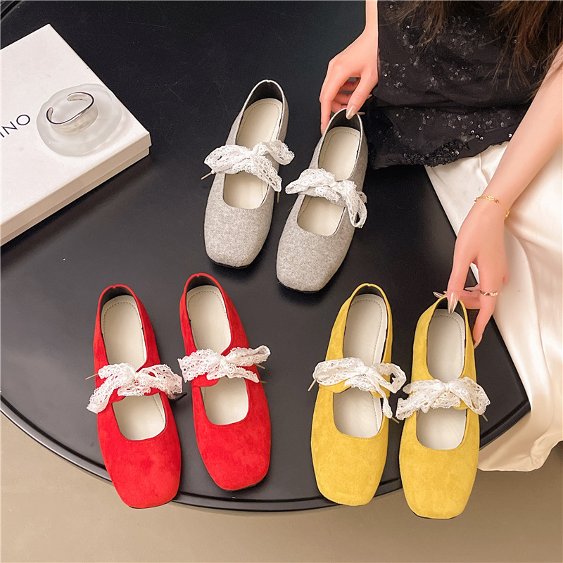 Ddmyoutdoor French Lace Mary Jane New Flat Up Versatile Square Toe Ballet Shoes For Women Outdoor Shoes