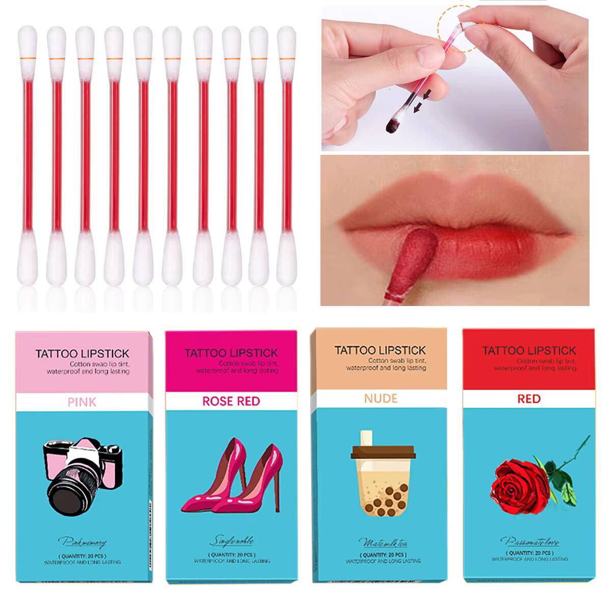 20 Pieces/Set Cigarette Cotton Swab Portable Waterproof Liquid Non-Stick Cup Tattoo Lipstick Lip Tint Lipgloss happy
