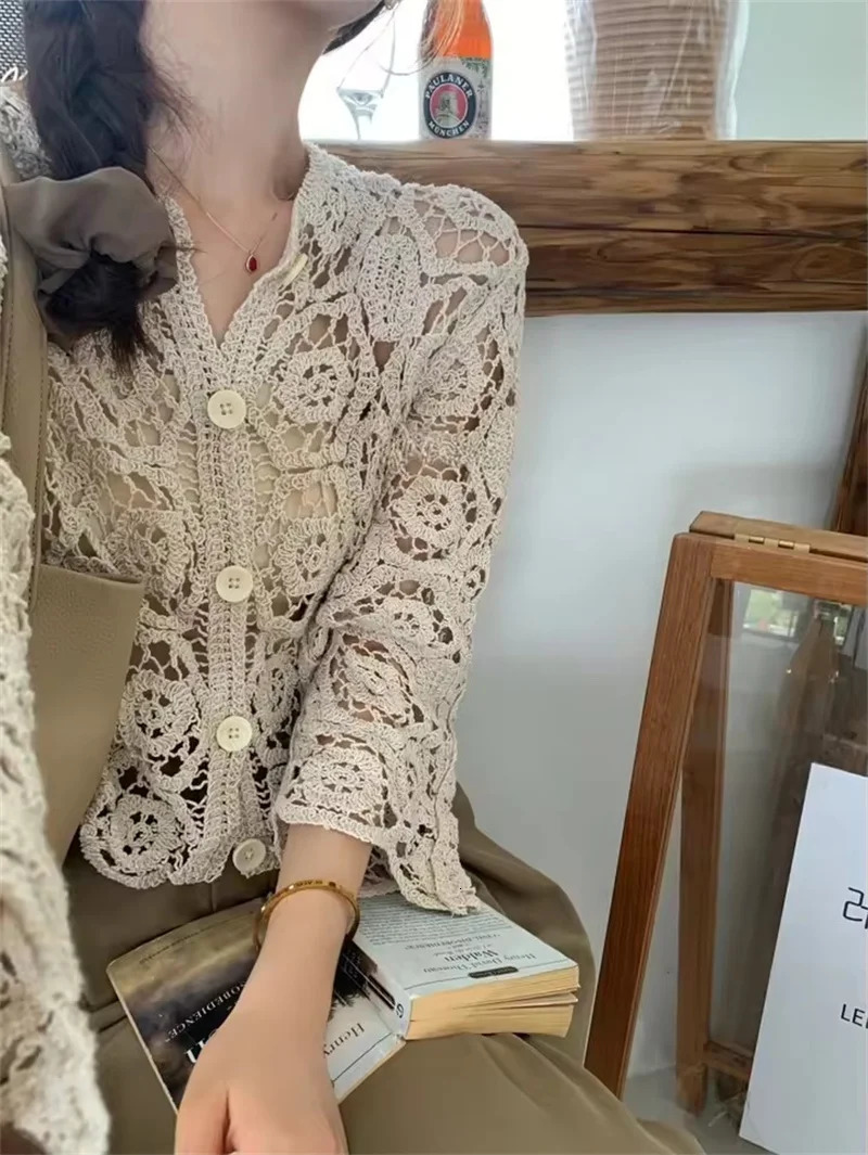 Spring Knitted Short Coat Womens Bohemian Hollow Out Long Sleeve Open Cardigan Top Fashion Lace Shirt 250611