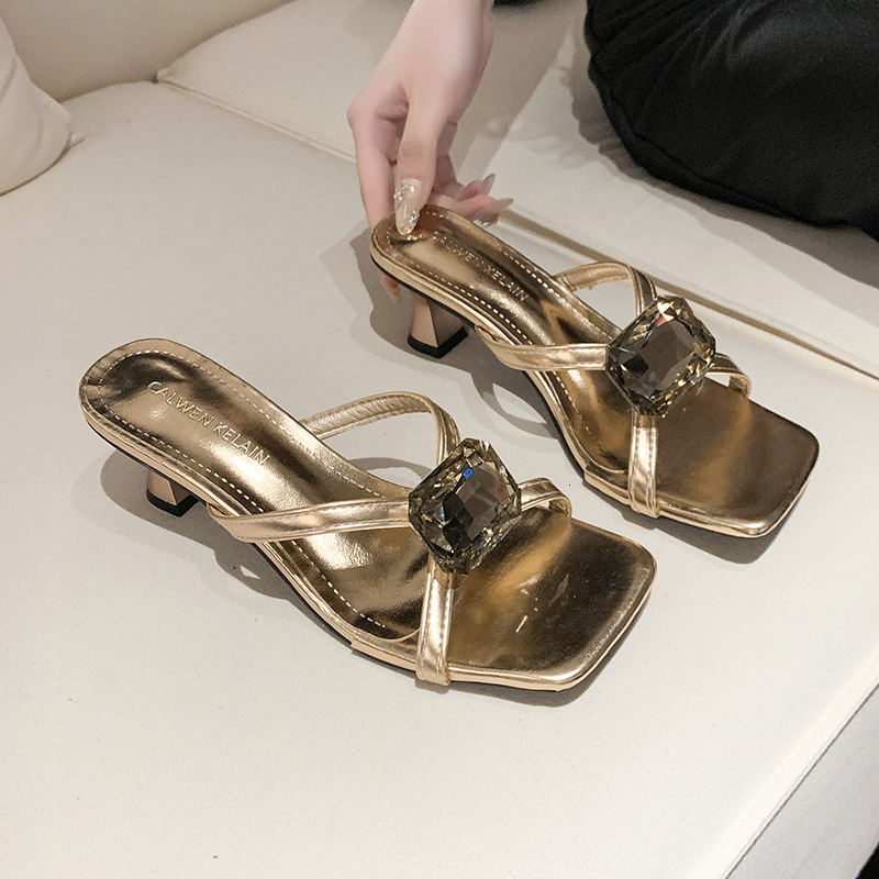 Ddmyoutdoor Stunning Outdoor Sandals For Women Summer New Fashion With Dress Rhinestone Open Square Toe Chunky Heel High Heels Outdoor Shoes