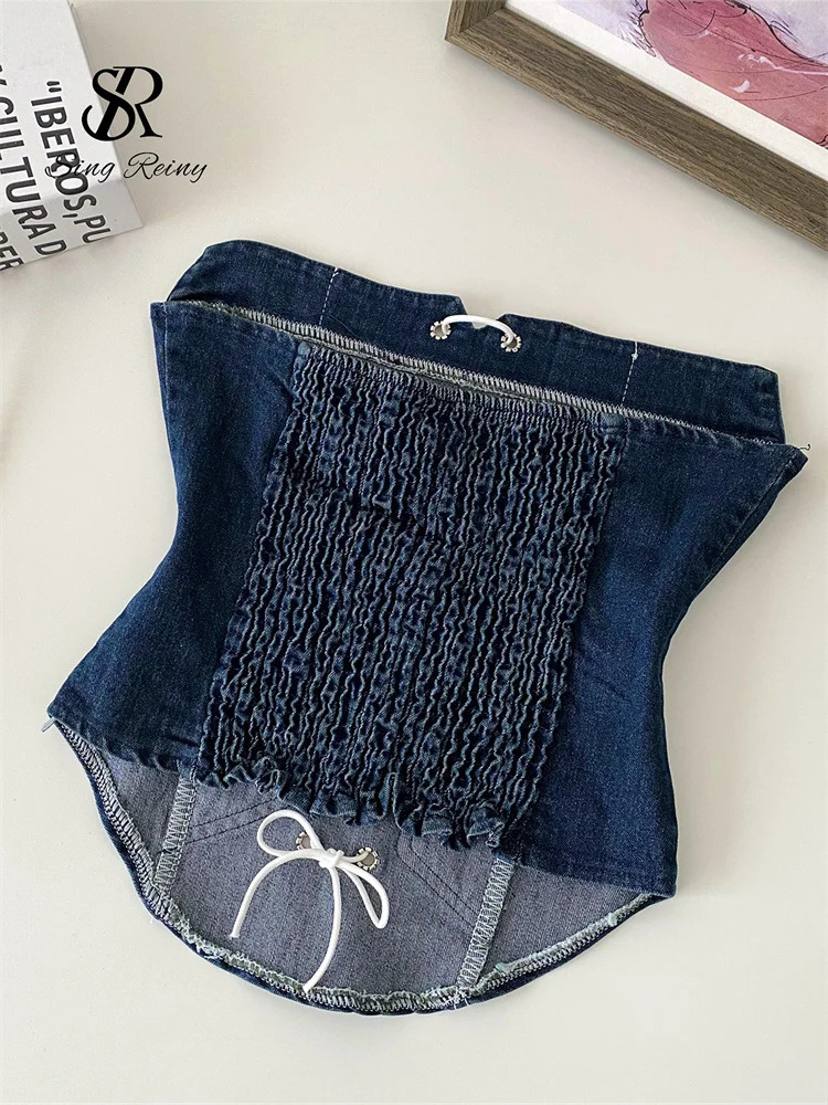 SINGREINY Denim Camisole Female Strapless Cross Ruched Backless Lace Mini Top Fashion Elastic American Retro Sexy Tank Top 250611