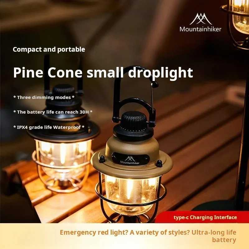 Rechargeable Vintage LED Camping Lantern Portable Waterproof Stepless Dimming Hanging Light for Outdoor Tent Picnic Emergency W250613