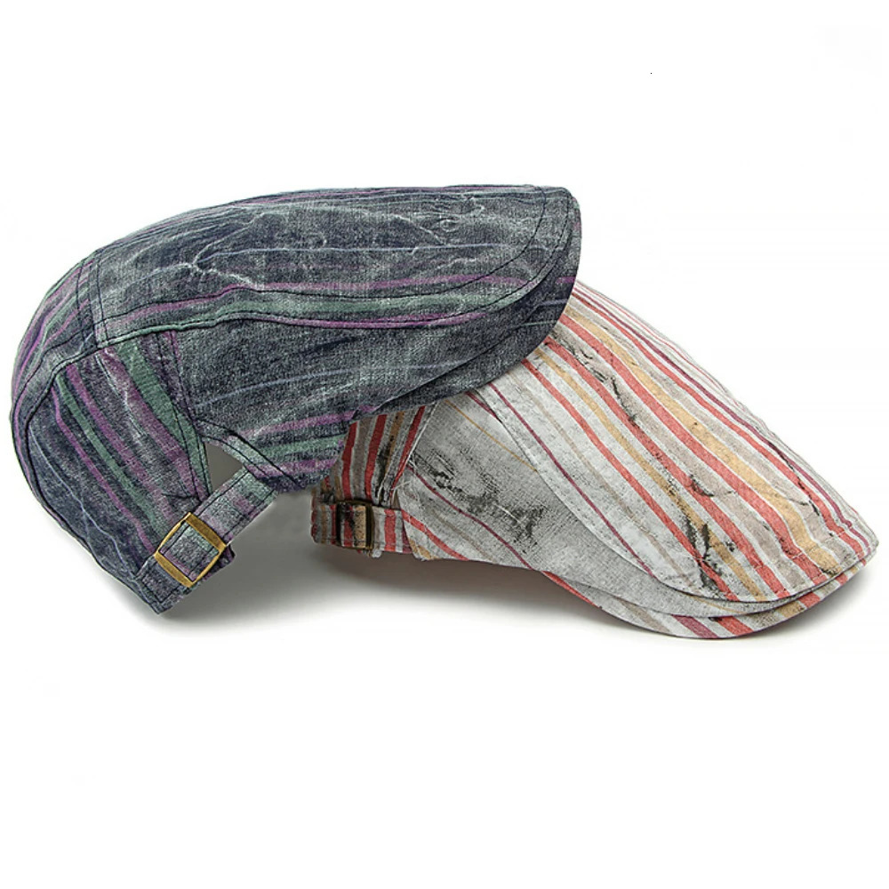 HT79 Men Women Berets Artist Painter Beret Hat Striped Spring Summer Sun Hat Male Female Ivy Flat Cap Adjustable Beret Cap 250604
