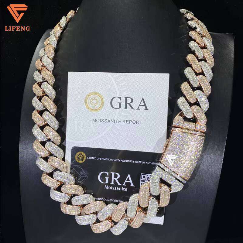 26Mm Pure Sier Rose Gold Vvs Cuban Chain Mens Iced Hip-Hop Sandstone Thin Necklace