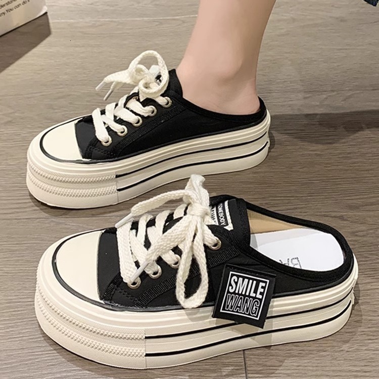 Ddmysports Baotou Half Slippers For Women Spring And Autumn Outdoor Wear New Thick Soled Height Increasing Lazy Casual Versatile Canvas White Shoes Ou