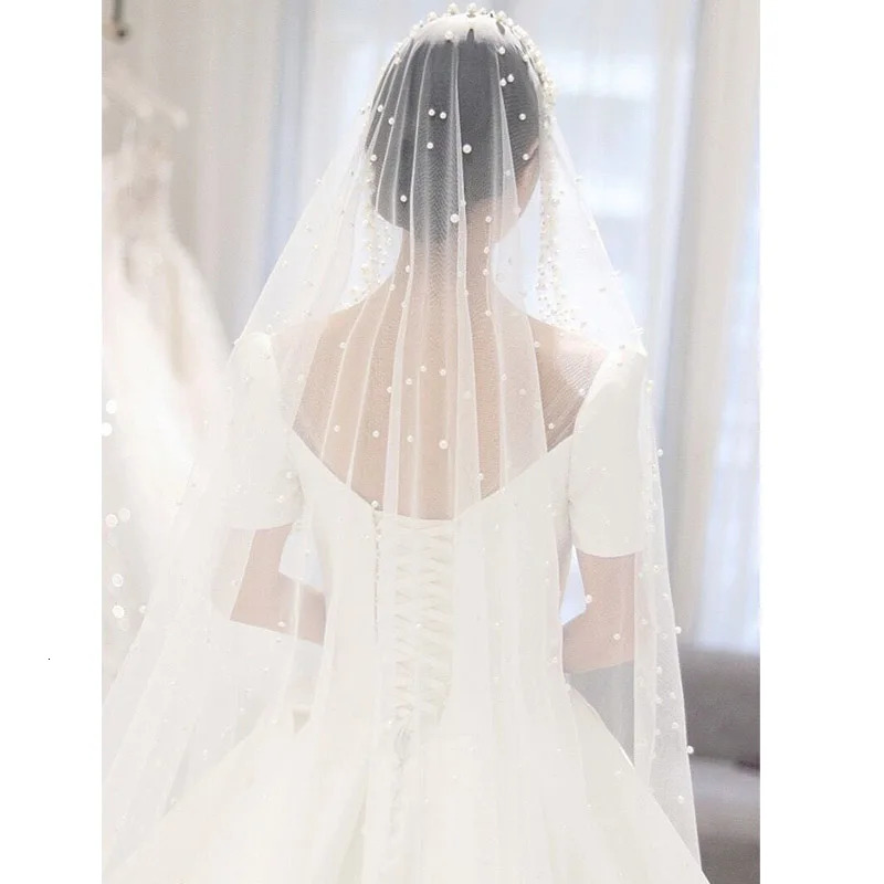 Bride Pearl Veil Woman Ivory White 2025 Wedding Accessories 1.5m Wide One Floor Cathedral Velos de Noiva custom made veil 250603