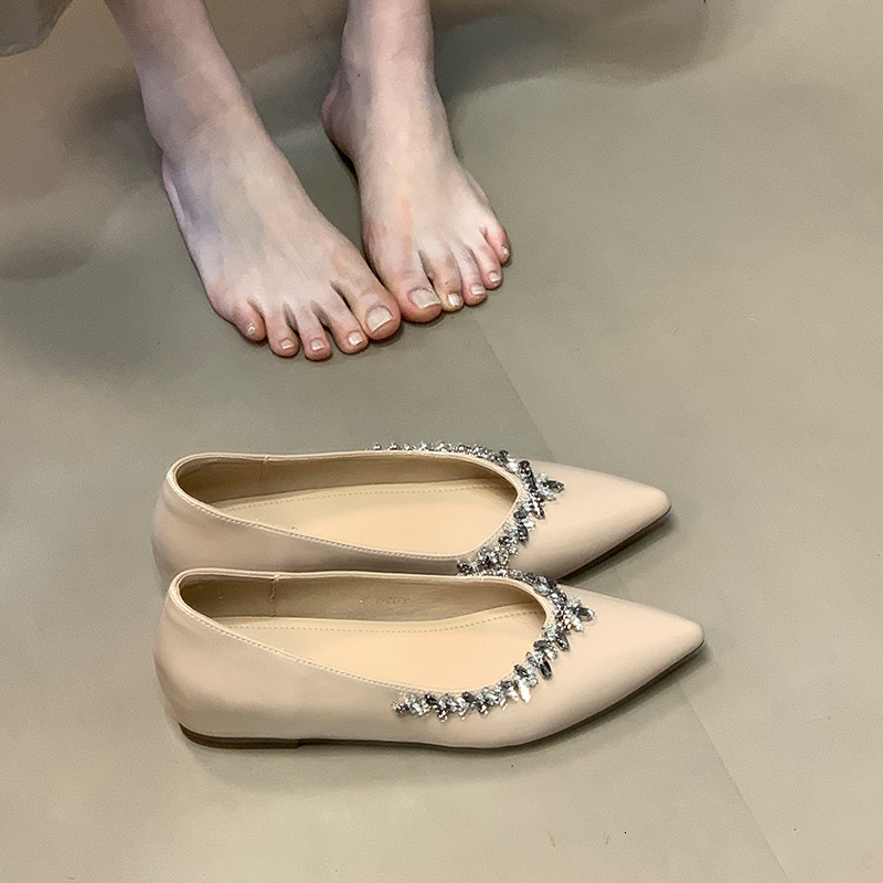 Ddmysports French Style Nude Pointed Toe Elegant Single Spring New Small Height Increasing Rhinestone Commuter Flat Shoes For Women Outdoor Shoes