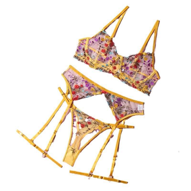 Sexy Lingerie Porn Suits Sexy Embroidered Floral Color Block Bra Garter Belt Five Piece Lingerie Set Spell Lingerie