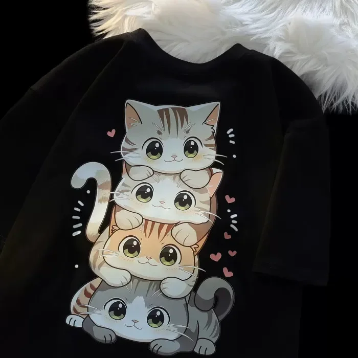 Funny Cat Women's T-shirt - Cartoon Cat Printed Round Neck Short Sleeve Top, Summer Streetwear Casual Versatile Tee