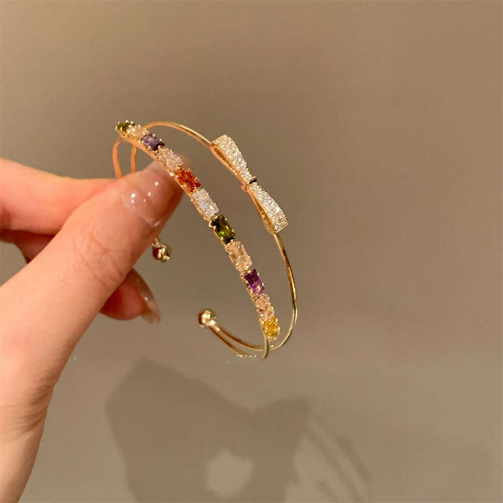 Luxury Jewelry Designer Bracelet Korean Style Zircon Double Layer Bowknot Square Bracelet Exquisite Hand Ring Light High-end Sense Jewelry