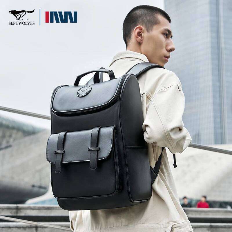 Septwoes Waterproof Leather Man PVC Business Travel Backpack Comfortable Widen Shoulder Strap Fit 16-Inch Laptop