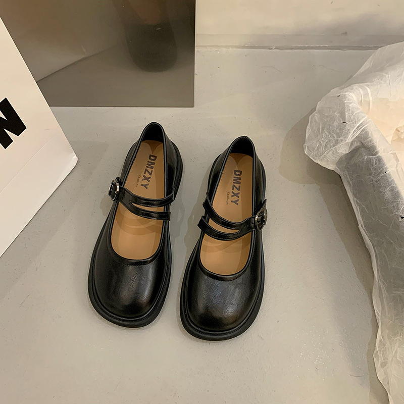 Ddmyoutdoor Round Toe Shallow Mouth Single Spring Autumn New British Style Small Leather For Women Korean Version Flat Mary Jane Shoes Outdoor Shoes