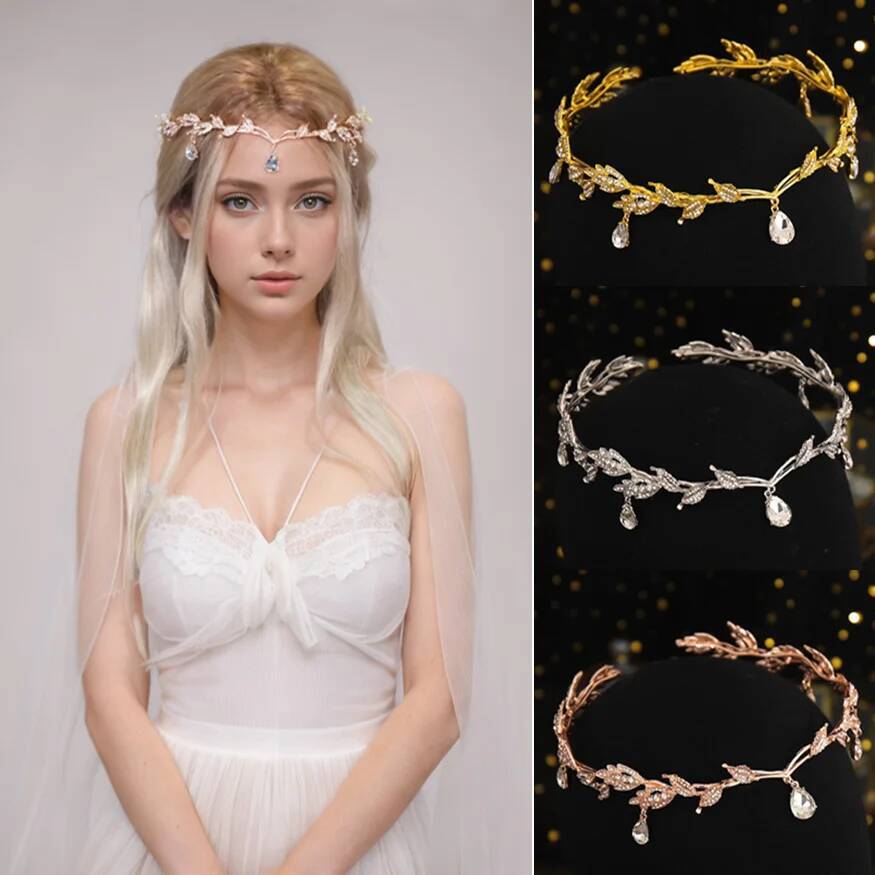 Vintage Fairy Crown Tiaras Crystal Leaves Elf Tiara Bandana Accessories for Women Costume Hair Jewelry