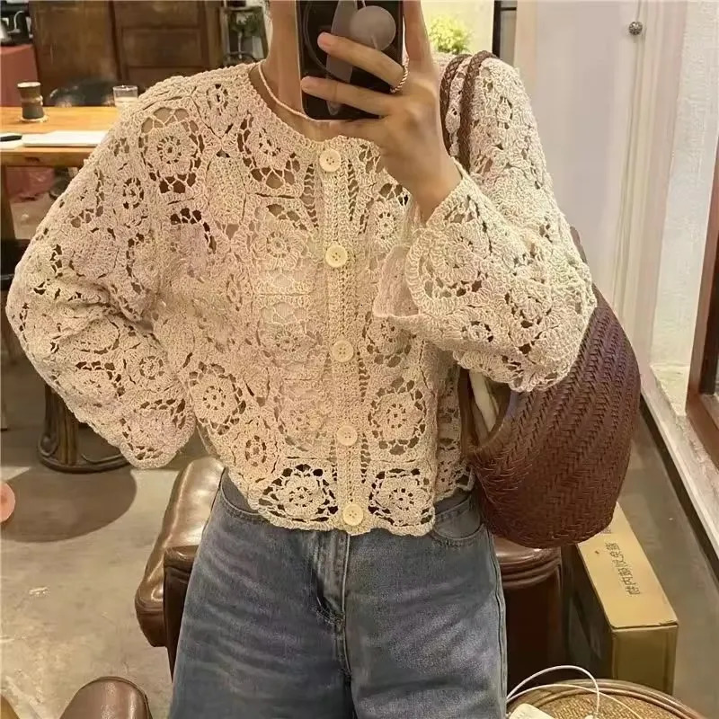 Spring Knitted Short Coat Womens Bohemian Hollow Out Long Sleeve Open Cardigan Top Fashion Lace Shirt 250611