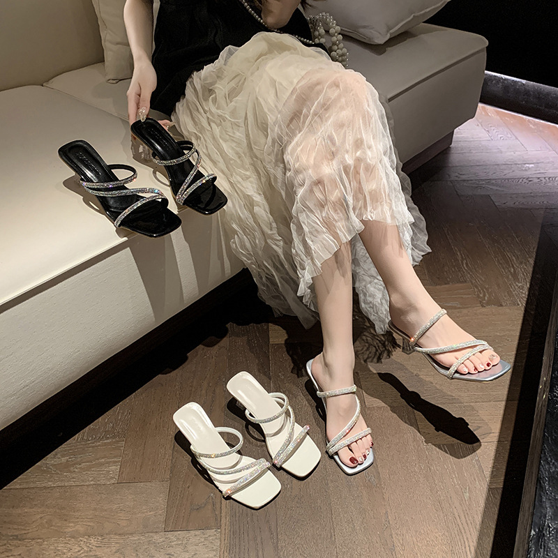 Ddmyoutdoor Two Way Wear Summer Sandals For Women New With Rhinestones Fairy Style Crystal Chunky Heel Internet Celebrity Open Toe High Heels Outdoor 