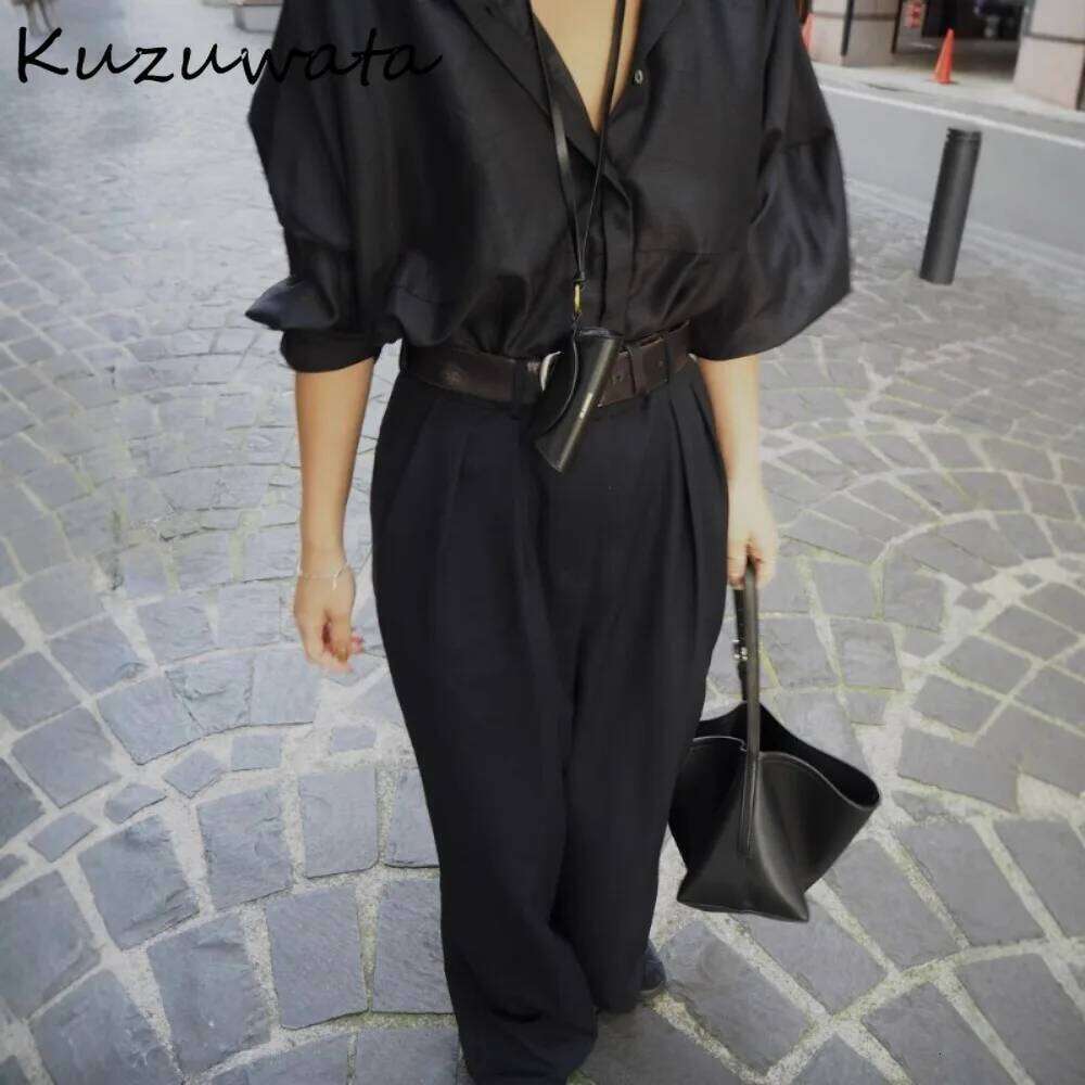Kuzuwata Haruku Streetwear Turn-down Collar Loose Blusa Slim Lantern Sleeve Advanced Casual Crop Top Japan Profile Simple Tops