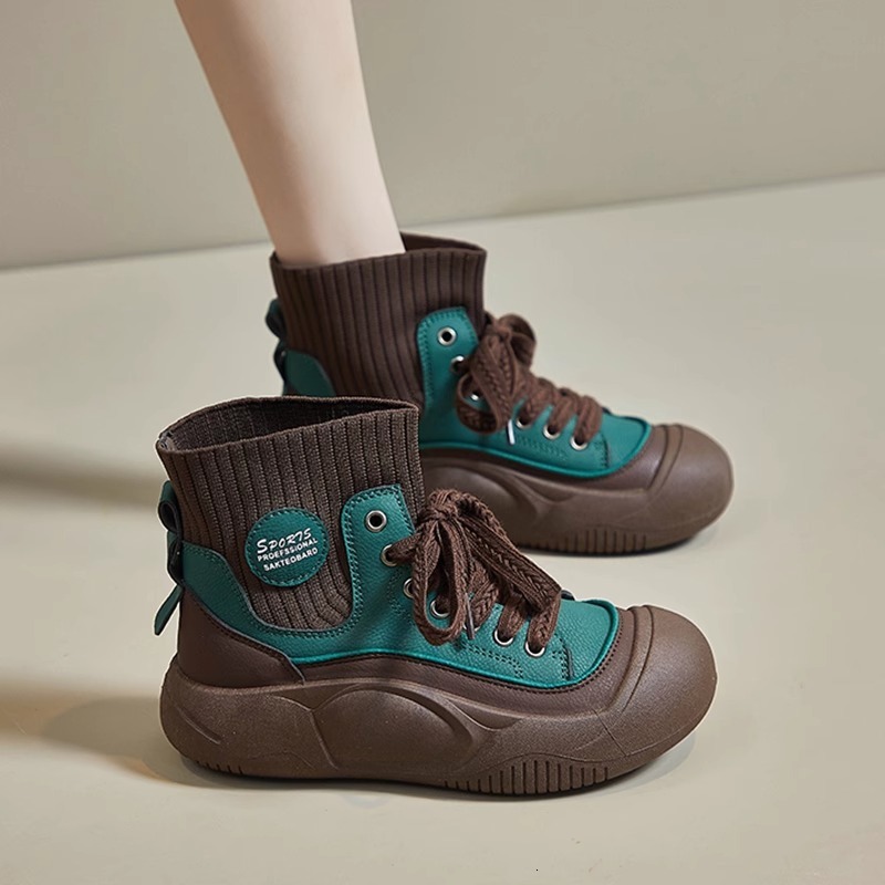 Ddmysports New Color Block High Top Martin Sock For Women Leather Soft Thick Sole Height Increasing Fashion Boots Outdoor Shoes