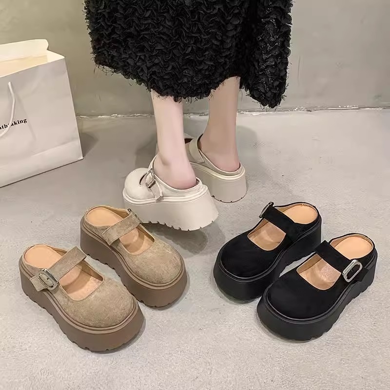 Ddmysports Spring Platform Thick Sole Closed Toe Half Slippers For Women New Height Increasing Versatile Magic Tape Sandals Outdoor Shoes