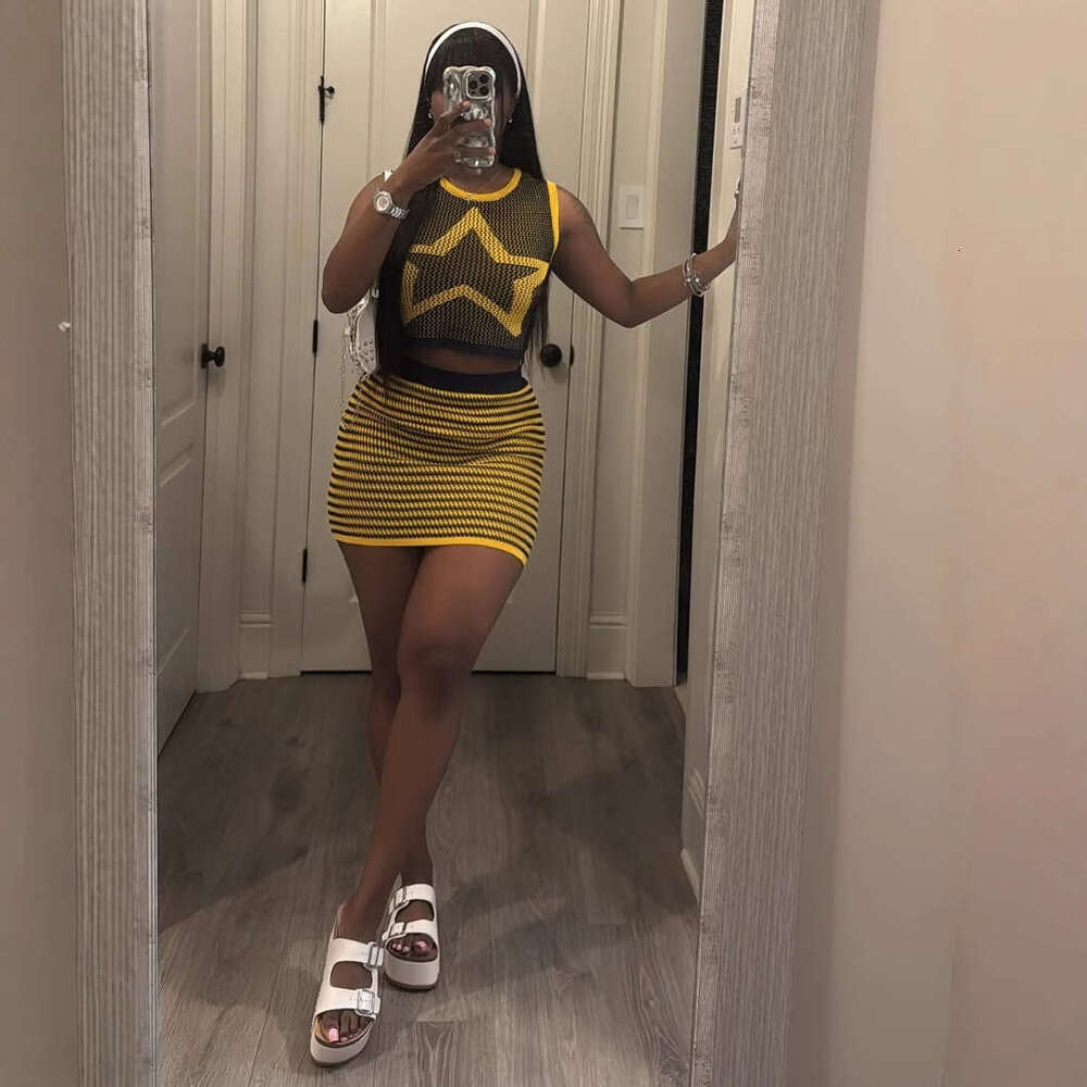 Summer New Knitted Fashion Personality Slim Sexy Bodycon Dress Vest Set B5