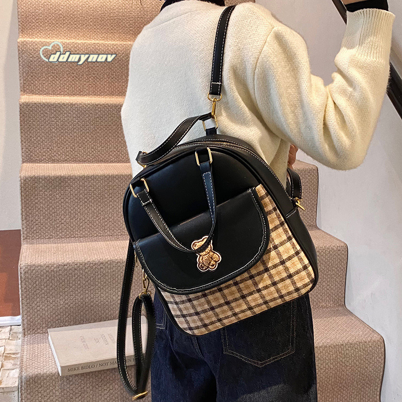 Trendy Simple Backpack Women's Handbag Single Shoulder Crossbody Bag Versatile Texture Personality Bear Embroidery ddmynov