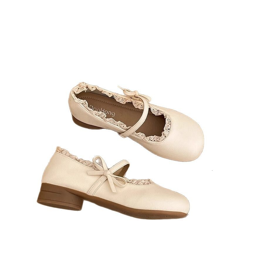 Ddmysports New Round Toe Mary Jane Sweet Lace Trim Soft Sole Stylish Princess Shallow Mouth Single Shoes Outdoor Shoes