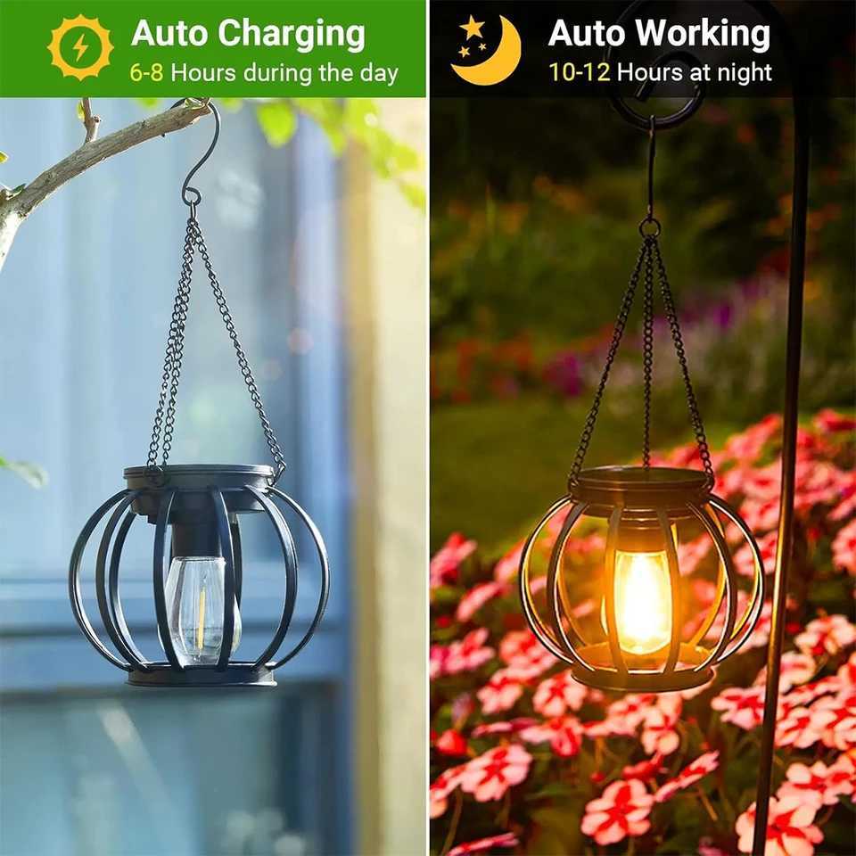 Solar Lantern LED Light 3000k Garden Lamps Auto On/off Sensor Lights Outdoor Waterproof Patio Yard Decoration Hanging W250613