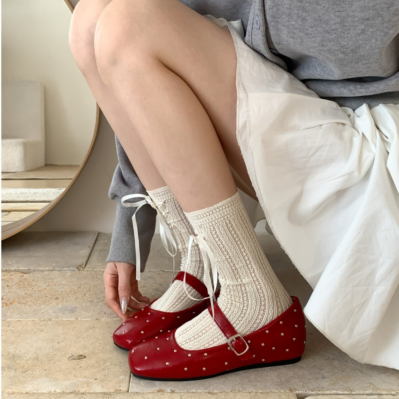 Ddmyoutdoor Studded Red Mary Jane For Women Spring New Square Toe Shallow Mouth Single Flat One Strap Small Leather Shoes Outdoor Shoes