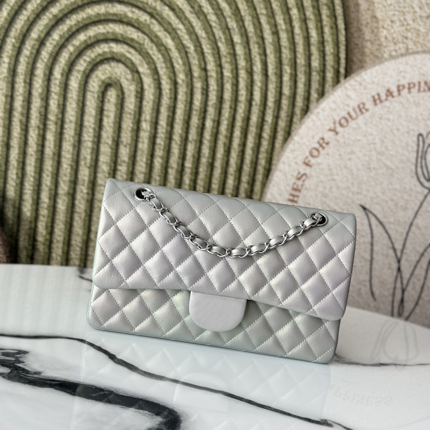 10A Luxury Pearlescent Chain Flap Bag Caviar Cowhide & Twist-Lock Clasp Glide-Adapt Strap for Convertible Shoulder/Crossbody Carry