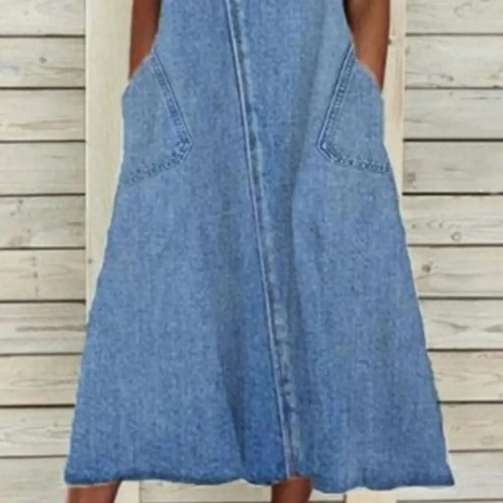 Loose Denim Dress Women Vintage Sleeveless Pockets Solid Color Summer Dress Midi Streetwear 250609