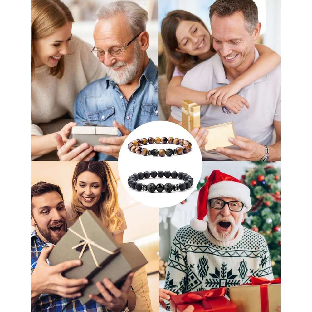 Mens Natural Stone Bracelets 8MM Stretch Adjustable Tiger Eye, Matte Agate, Lava Rock Beaded Bracelet Set for Men Women Gifts