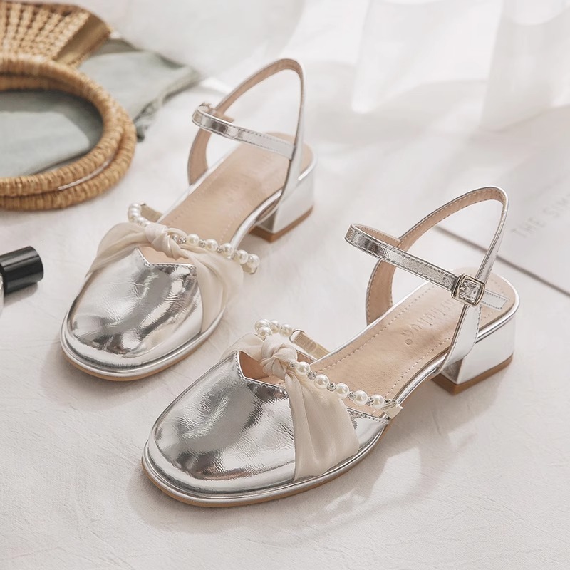 Ddmyoutdoor One Strap Closed Toe For Women French Stunning Silver Fairy Style Chunky Heel Mid Sandals To Match Skirts Outdoor Shoes