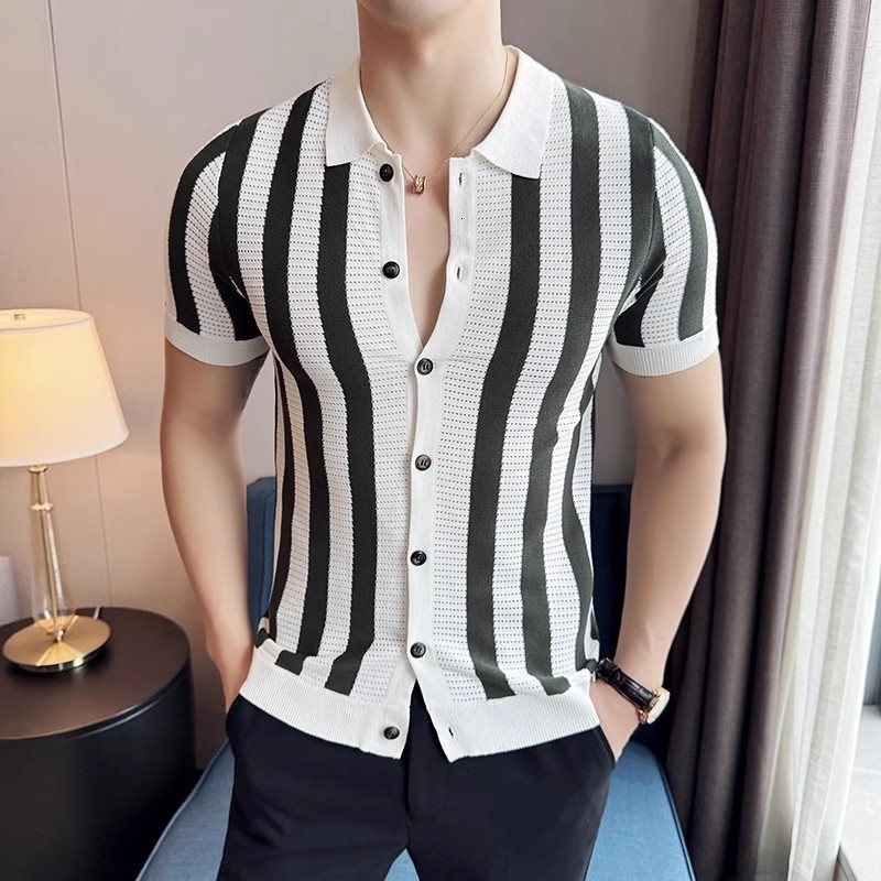 Summer Mens Striped Knit Shirts Lightweight Slim Fit Breathable Casual Shirt Men Turn Down Collar Short Sleeve Knitted Tops w250520