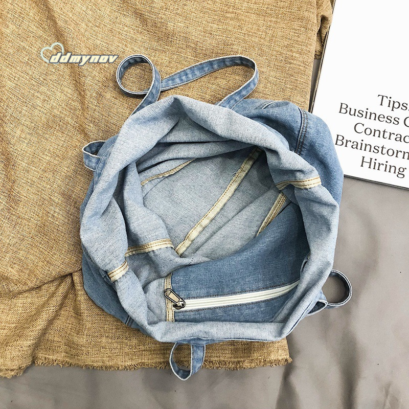 Korean Style Harajuku Denim Canvas for Women Simple Shoulder Large Capacity Solid Color Student Class Tote Bag ddmynov
