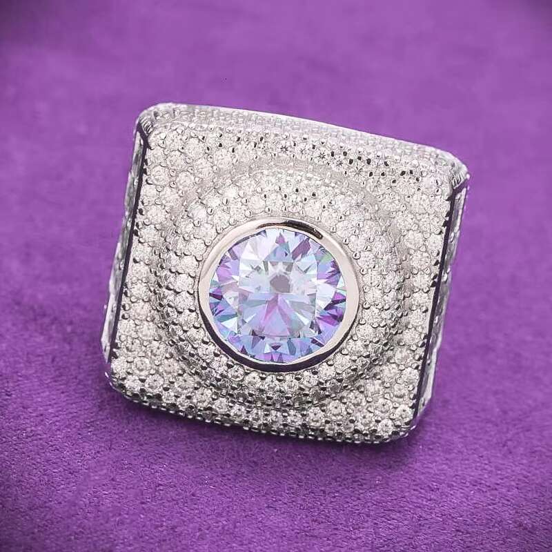 GRA Hip Hop Iced Out Bling 925 Sterling Silver Pass Diamond Tester VVS Purple Moissanite Cluster Signet Ring for Men