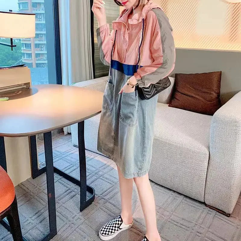 Spliced Hooded Denim Dress For womens Summer Fashion Loose Thin Short sleeved Casual Dress Female 250609
