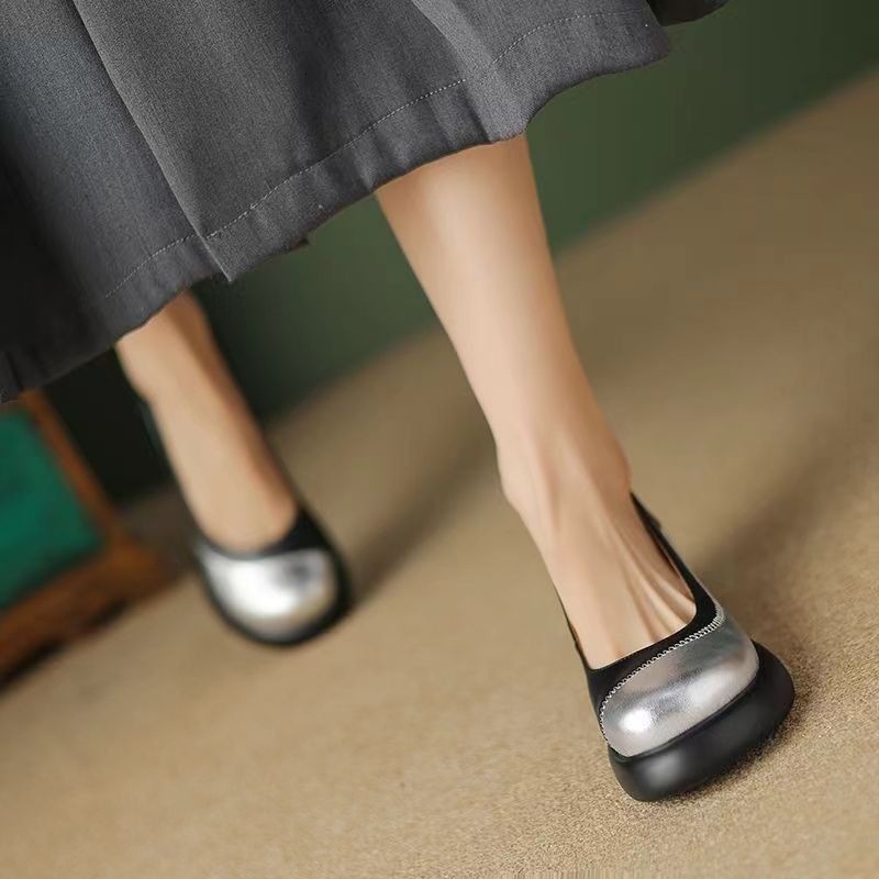 Ddmysports French Style Women S Color Block Fashion Chunky Heel Versatile Round Toe Soft Sole Small Leather Shallow Mouth Single Princess Shoes Outdoo