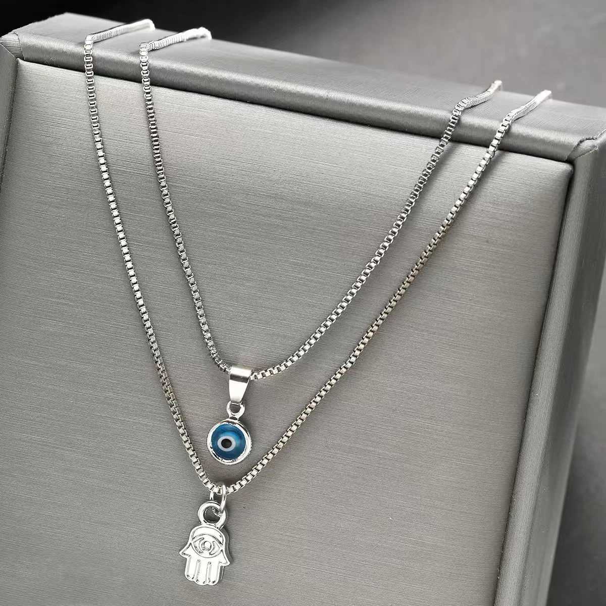 Lucky Double Layer Palm Evil Eyes Pendant Necklace for Women Micro Paved Rhinestone Eye Clavicle Chains Jewelry Gift Z250614