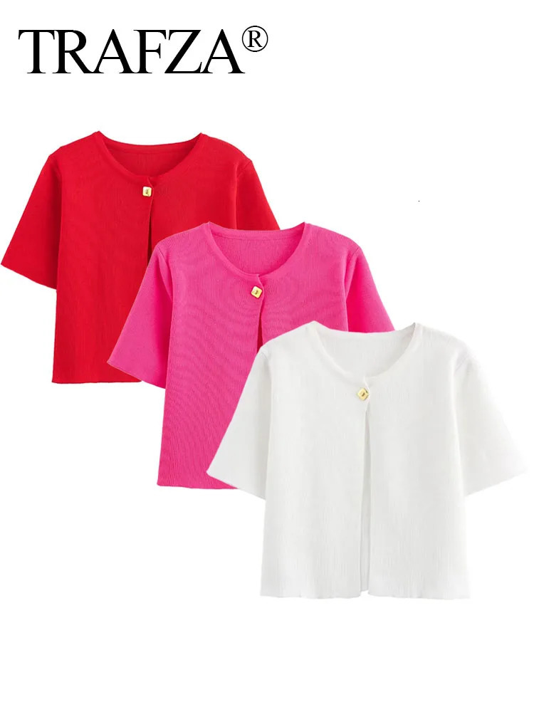 TRAFZA Female T Shirt Solid White Short Sleeves One Button Cardigans Slim Knitted Tops Summer Cropped Casual Style 250612