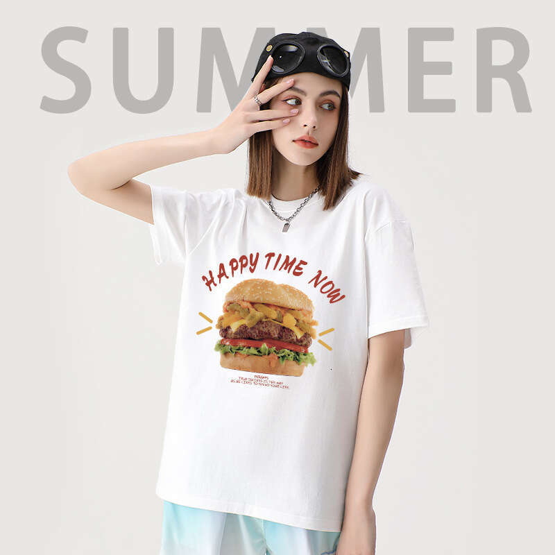 Creative Burger Crew Neck Summer Casual Fashion Pure Cotton Short Sleeve T-Shirt Unisex Base Shirt Daily Wear