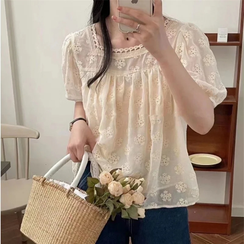 Summer Short Sleeve Chiffon Women Blouse Fashion Casual Hollow Out Shirt Square Neck Elegant Puff Sweet Tops 250614